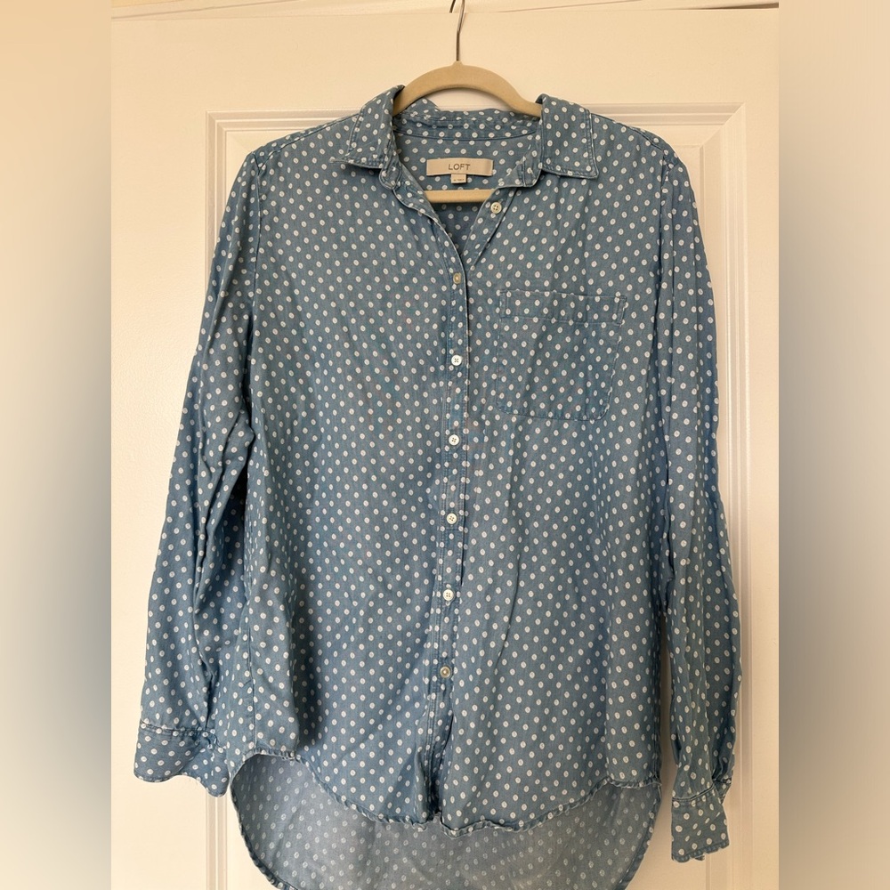 Denim button down shirt with white polka dots
